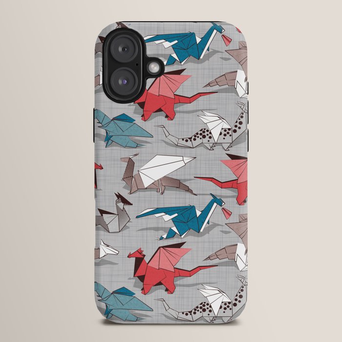 Origami dragon friends // linen texture background blue red grey and taupe fantastic creatures iPhone Case Gallery Image 14