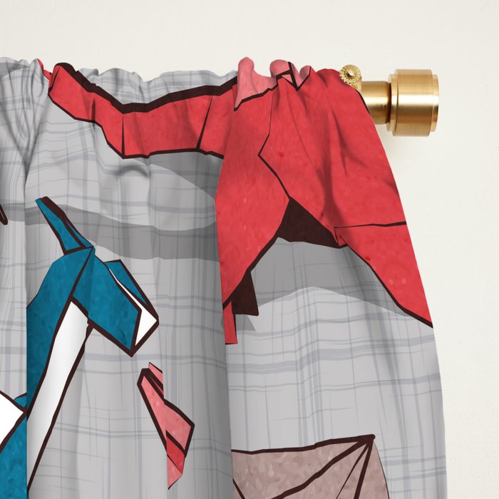 Origami dragon friends // linen texture background blue red grey and taupe fantastic creatures Window Curtain Gallery Image 2