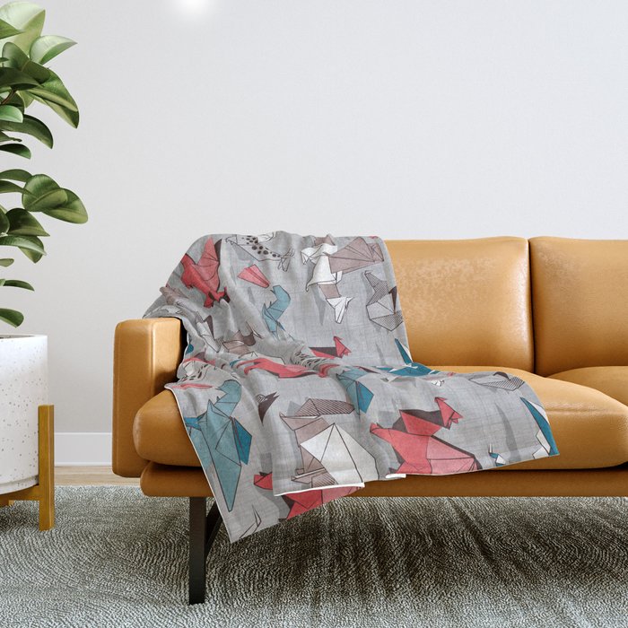 Origami dragon friends // linen texture background blue red grey and taupe fantastic creatures Throw Blanket Gallery Image 1