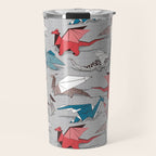 Origami dragon friends // linen texture background blue red grey and taupe fantastic creatures Travel Mug Gallery Image 1