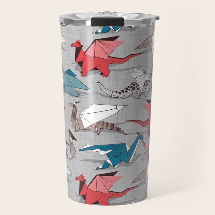 Origami dragon friends // linen texture background blue red grey and taupe fantastic creatures Travel Mug Gallery Image 1