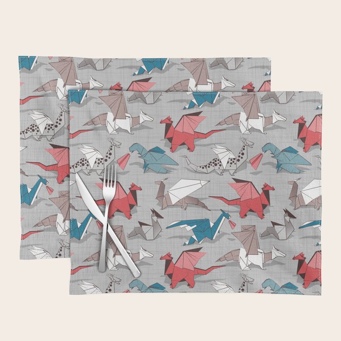 Origami dragon friends // linen texture background blue red grey and taupe fantastic creatures Placemat Gallery Image 1