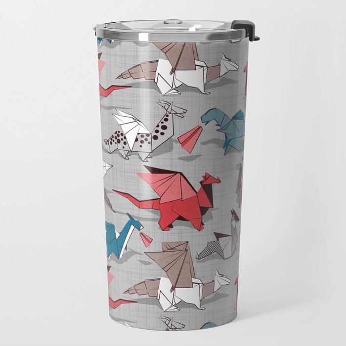 Origami dragon friends // linen texture background blue red grey and taupe fantastic creatures Travel Mug Gallery Image 2