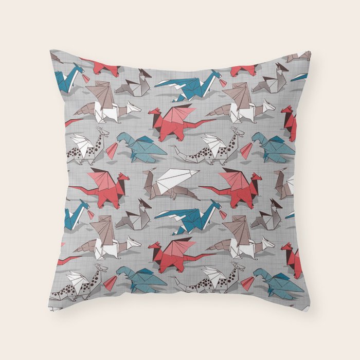 Origami dragon friends // linen texture background blue red grey and taupe fantastic creatures Throw Pillow Gallery Image 6