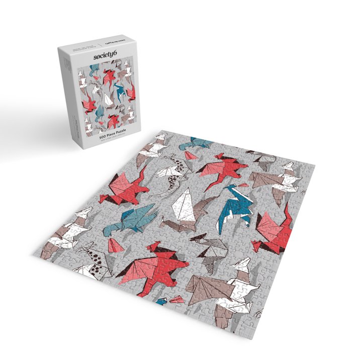 Origami dragon friends // linen texture background blue red grey and taupe fantastic creatures Jigsaw Puzzle Gallery Image 2
