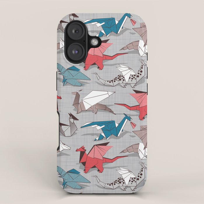 Origami dragon friends // linen texture background blue red grey and taupe fantastic creatures iPhone Case Gallery Image 1