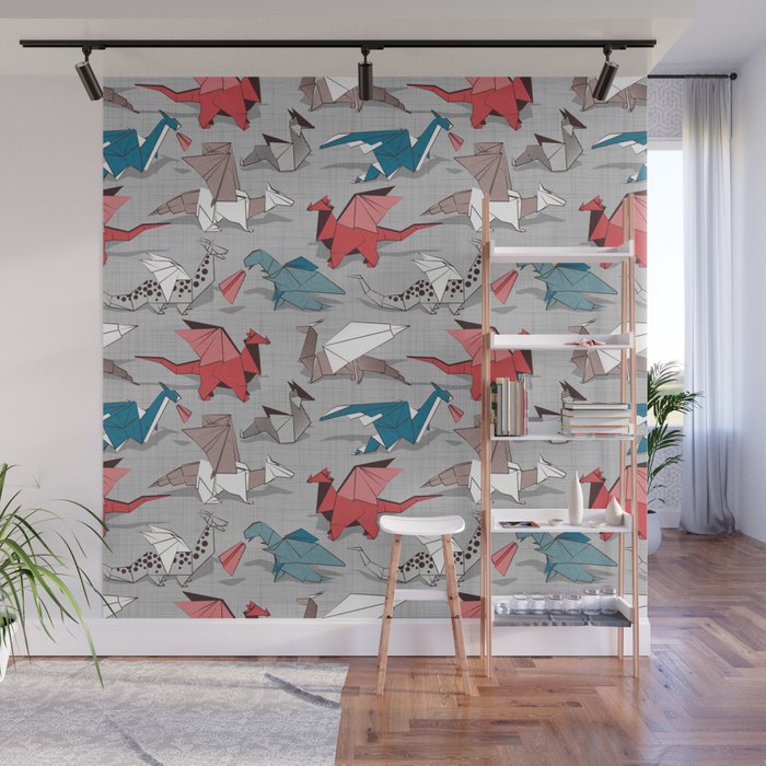 Origami dragon friends // linen texture background blue red grey and taupe fantastic creatures Wall Mural Gallery Image 1