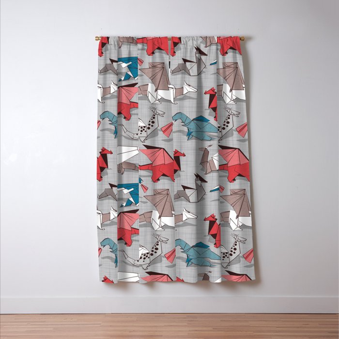 Origami dragon friends // linen texture background blue red grey and taupe fantastic creatures Window Curtain Gallery Image 3