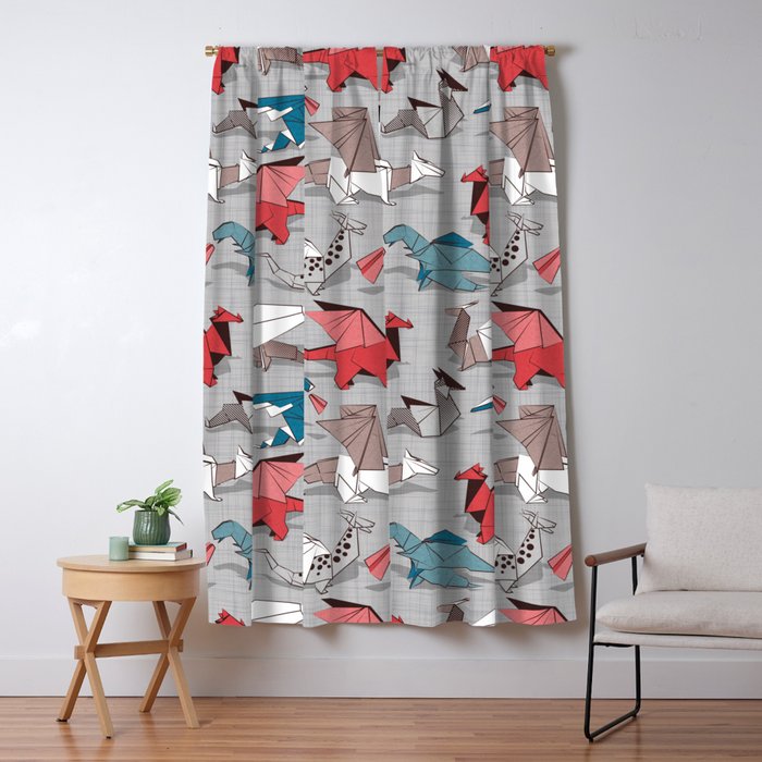 Origami dragon friends // linen texture background blue red grey and taupe fantastic creatures Window Curtain Gallery Image 1