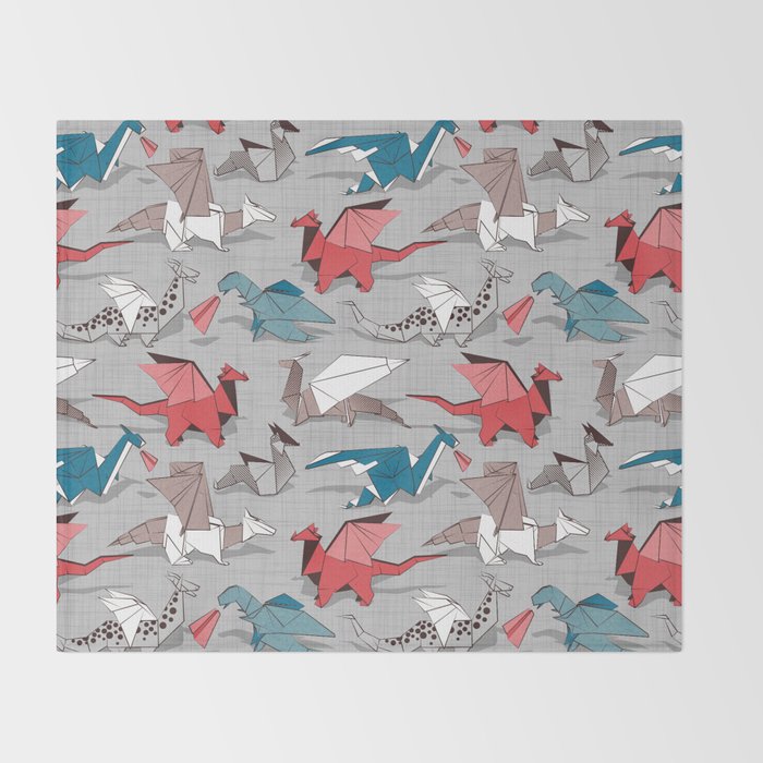 Origami dragon friends // linen texture background blue red grey and taupe fantastic creatures Throw Blanket Gallery Image 2