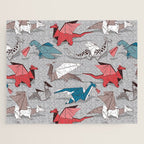 Origami dragon friends // linen texture background blue red grey and taupe fantastic creatures Jigsaw Puzzle Gallery Image 1