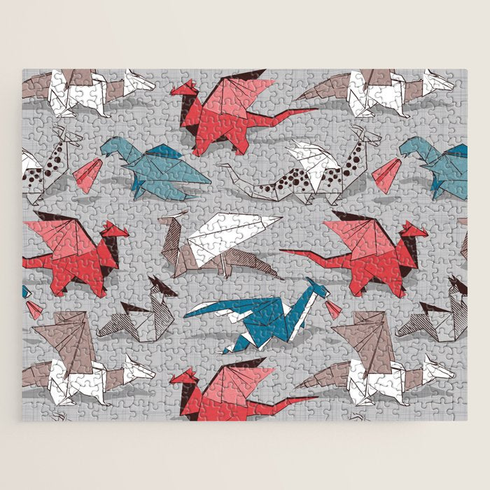 Origami dragon friends // linen texture background blue red grey and taupe fantastic creatures Jigsaw Puzzle Gallery Image 1