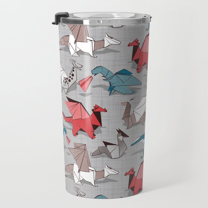 Origami dragon friends // linen texture background blue red grey and taupe fantastic creatures Travel Mug Gallery Image 3
