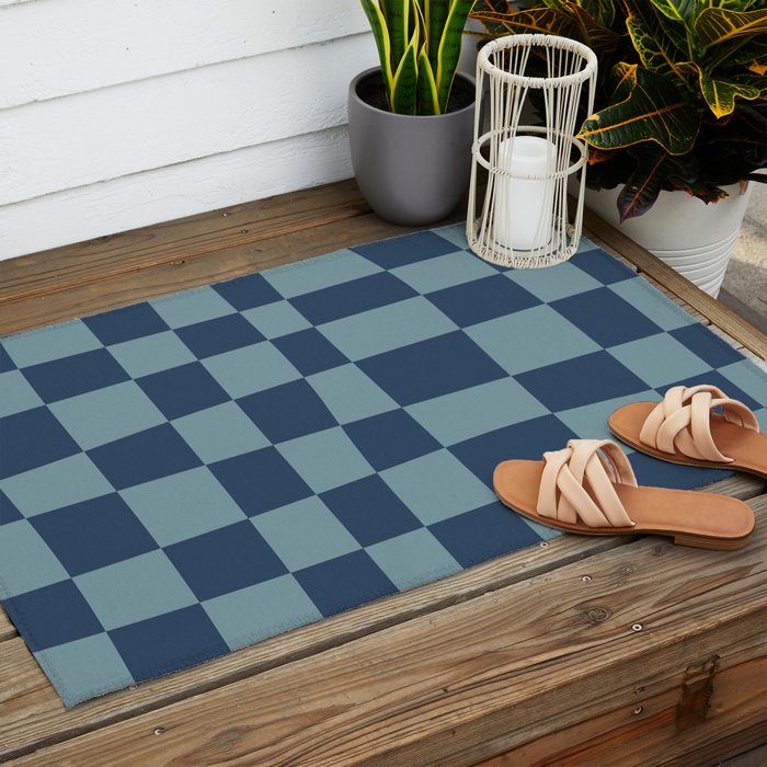 Abstract Checkerboard plaid pattern navy blue  Outdoor Rug Gallery Image 2