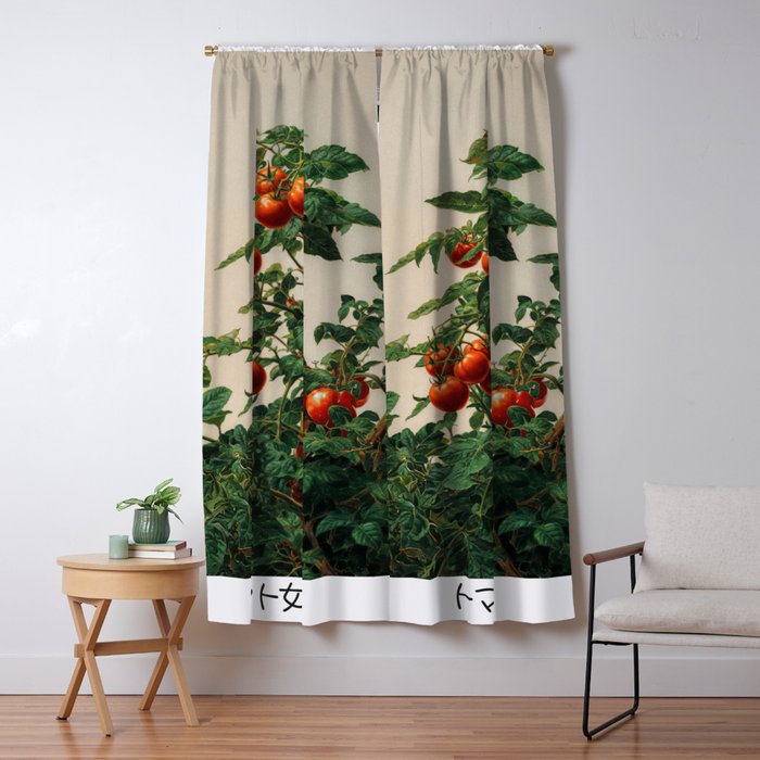Japandi Wall Art Tomato Girl Summer Japanese Art Botanical Wall Art Sage Green Poster Maximalist Art Window Curtain Gallery Image 1