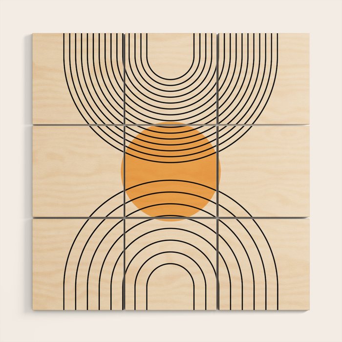 Geometric Lines in Black and Beige 29 (Rainbow and Sun Abstraction) Wood Wall Art Gallery Image 1