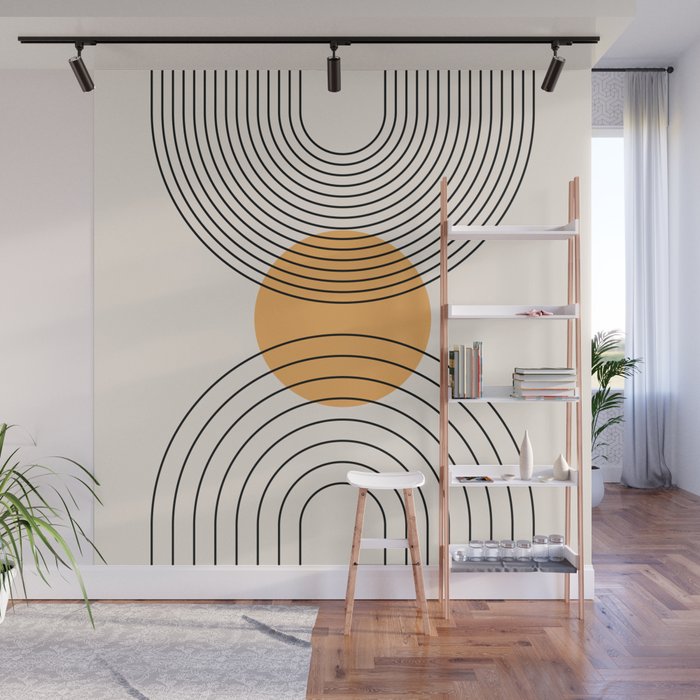 Geometric Lines in Black and Beige 29 (Rainbow and Sun Abstraction) Wall Mural Gallery Image 1