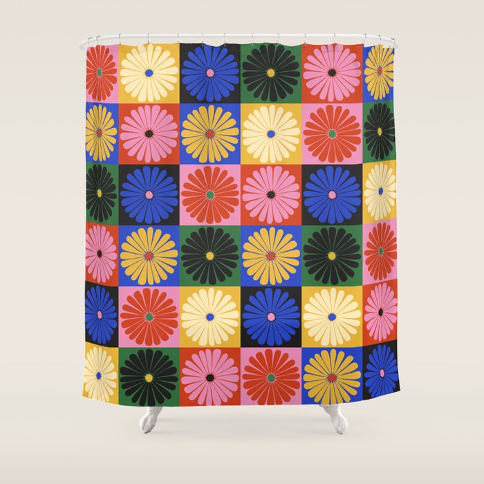 Retro Flowers Check Pattern XV Shower Curtain Gallery Image 1