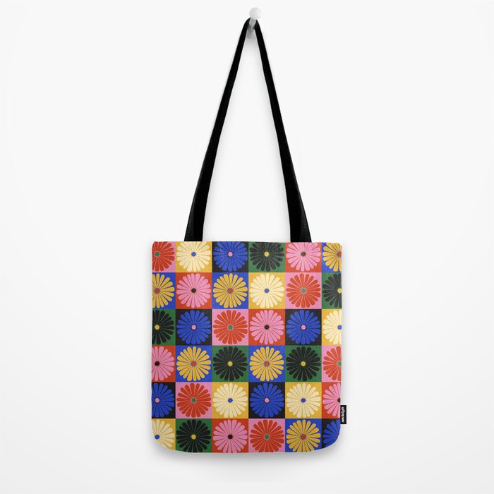 Retro Flowers Check Pattern XV Tote Bag Gallery Image 2