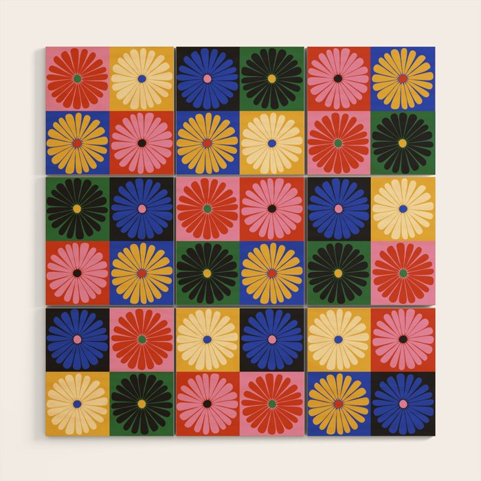 Retro Flowers Check Pattern XV Wood Wall Art Gallery Image 1