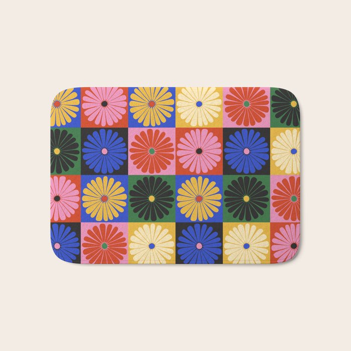 Retro Flowers Check Pattern XV Bath Mat Gallery Image 1
