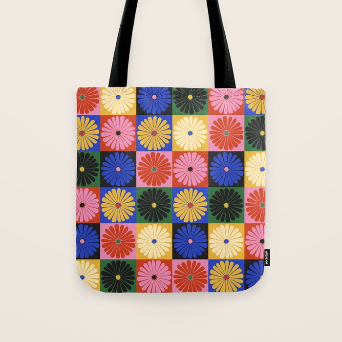 Retro Flowers Check Pattern XV Tote Bag Gallery Image 1
