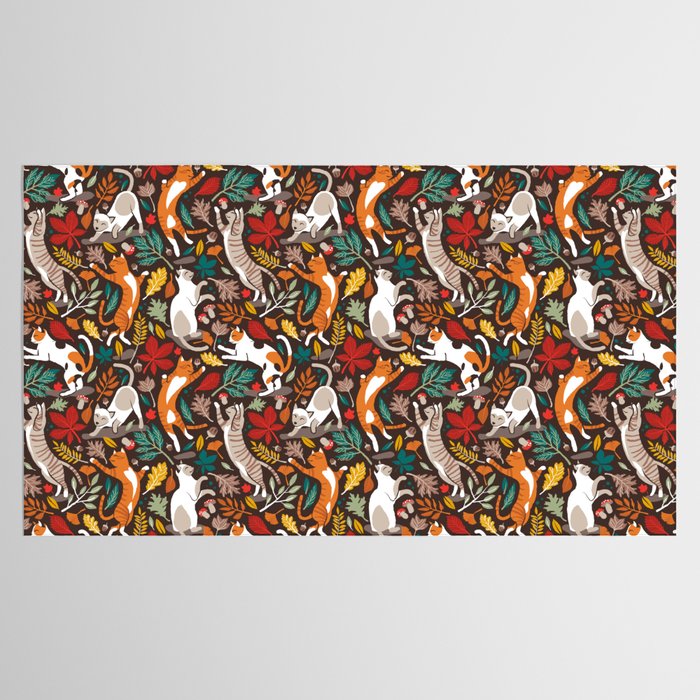 Autumn joy // brown oak background cats dancing with many leaves in fall colors Tablecloth Gallery Image 2