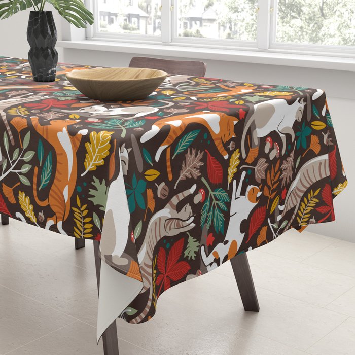 Autumn joy // brown oak background cats dancing with many leaves in fall colors Tablecloth Gallery Image 3