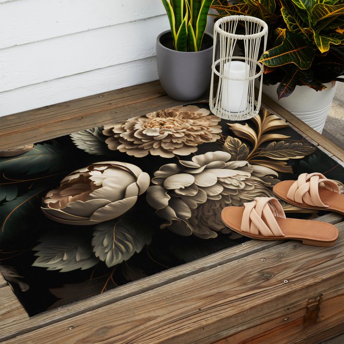 Victorian Cameo and Dark Floral Print Outdoor Rug Gallery Image 2