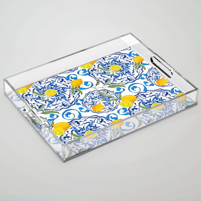 Summer,citrus,Mediterranean style,lemon fruit,simple pattern  Acrylic Tray Gallery Image 1