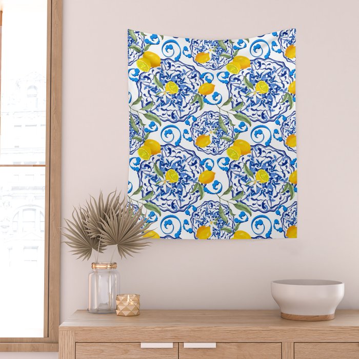 Summer,citrus,Mediterranean style,lemon fruit,simple pattern  Wall Tapestry Gallery Image 2