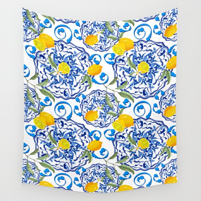 Summer,citrus,Mediterranean style,lemon fruit,simple pattern  Wall Tapestry Gallery Image 1
