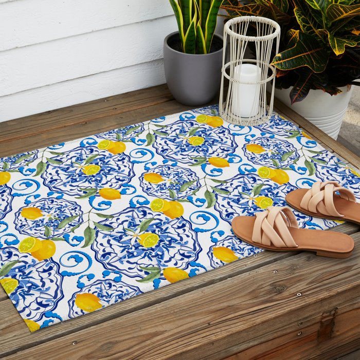 Summer,citrus,Mediterranean style,lemon fruit,simple pattern  Outdoor Rug Gallery Image 2