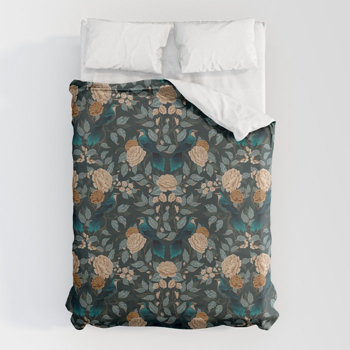Spring Song - Dark Teal Birds and Floral Print Duvet Cover Gallery Image 1