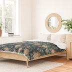 Spring Song - Dark Teal Birds and Floral Print Duvet Cover Gallery Image 2
