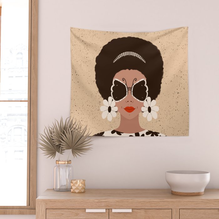 Afro Woman Portrait - Retro vibes  Wall Tapestry Gallery Image 2