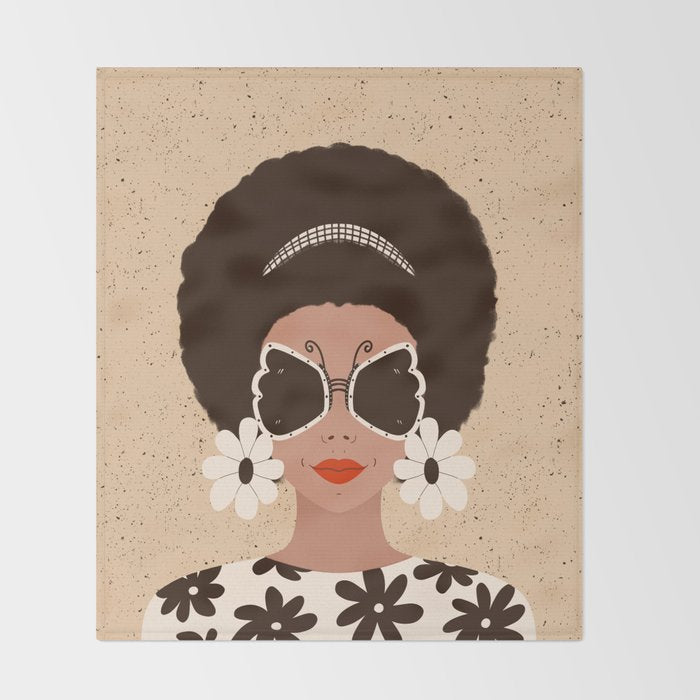 Afro Woman Portrait - Retro vibes  Throw Blanket Gallery Image 2