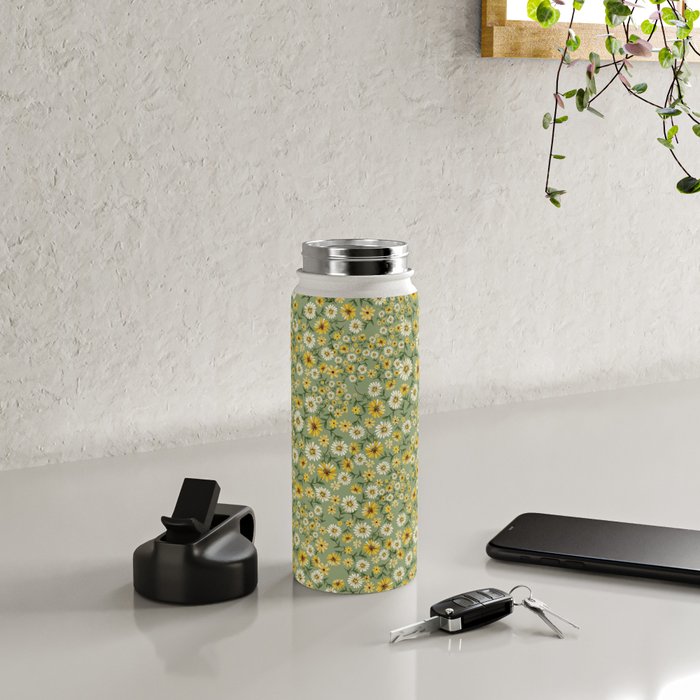70s Daisies on Sage, retro, vintage, green, cottagecore Water Bottle Gallery Image 4