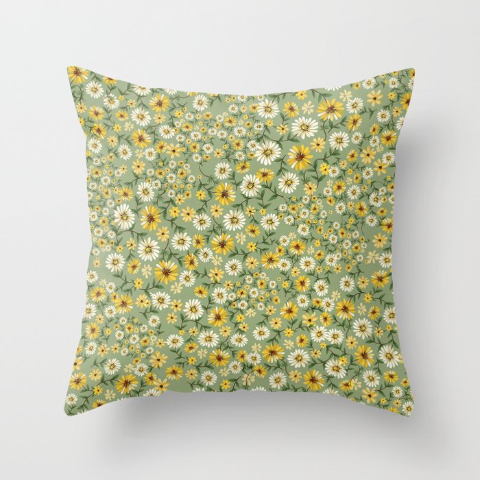 70s Daisies on Sage, retro, vintage, green, cottagecore Throw Pillow Gallery Image 6
