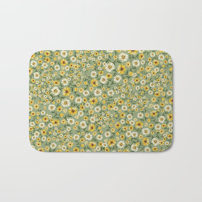 70s Daisies on Sage, retro, vintage, green, cottagecore Bath Mat Gallery Image 1