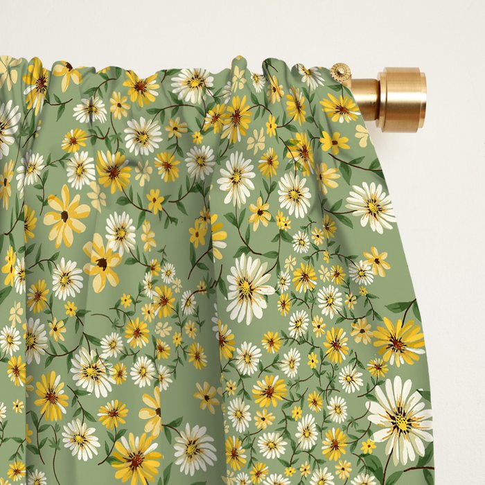 70s Daisies on Sage, retro, vintage, green, cottagecore Window Curtain Gallery Image 2