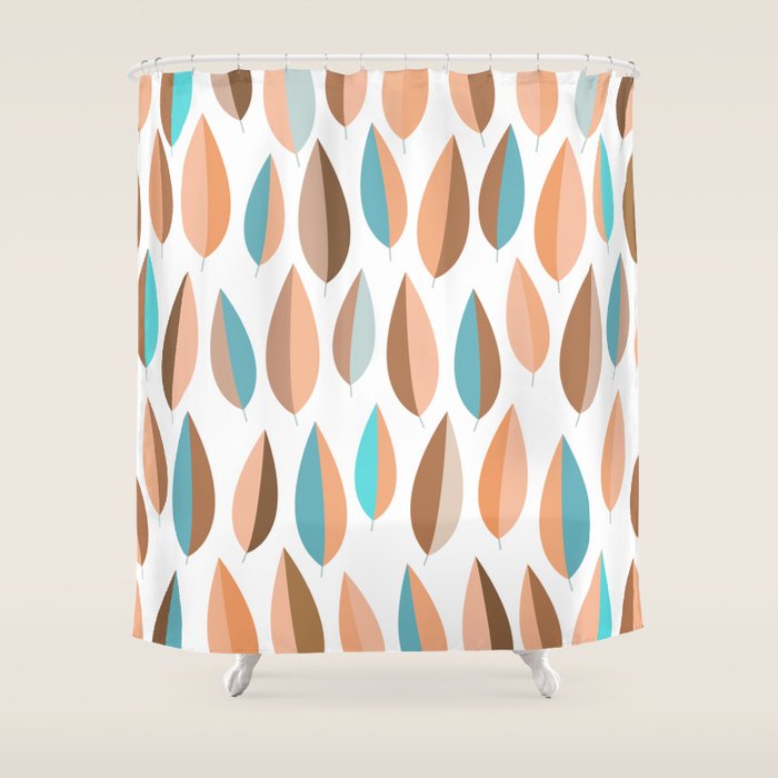 Mid Mod Dancing Leaf Pattern in earthy Peach & Jade Shower Curtain Gallery Image 1