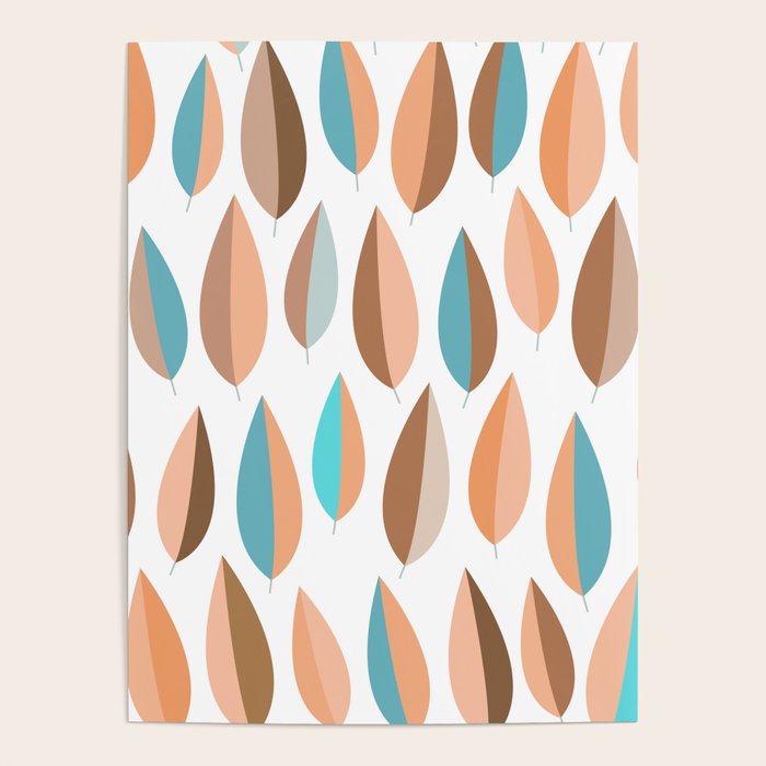 Mid Mod Dancing Leaf Pattern in earthy Peach & Jade Poster Gallery Image 4