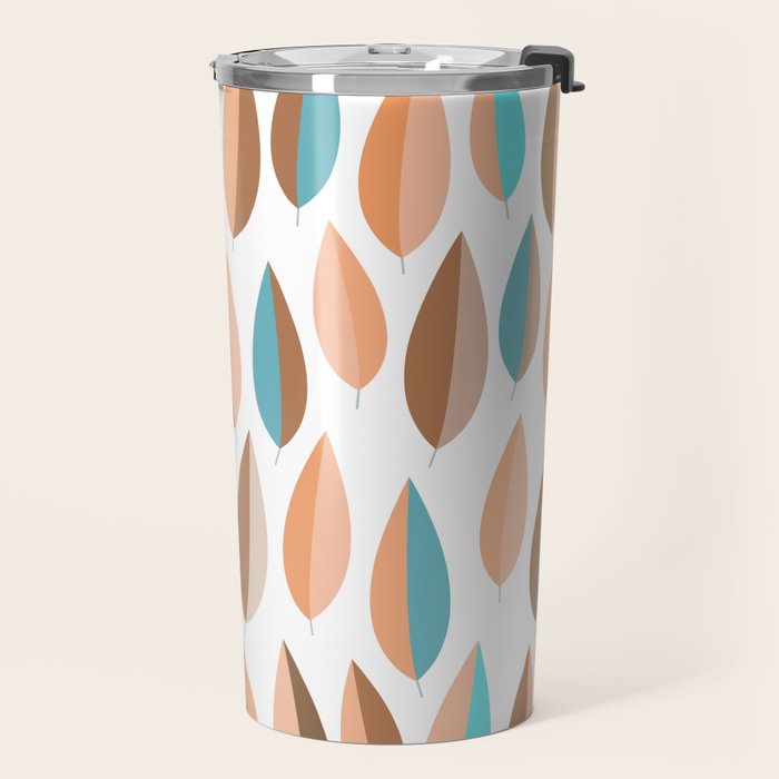Mid Mod Dancing Leaf Pattern in earthy Peach & Jade Travel Mug Gallery Image 2