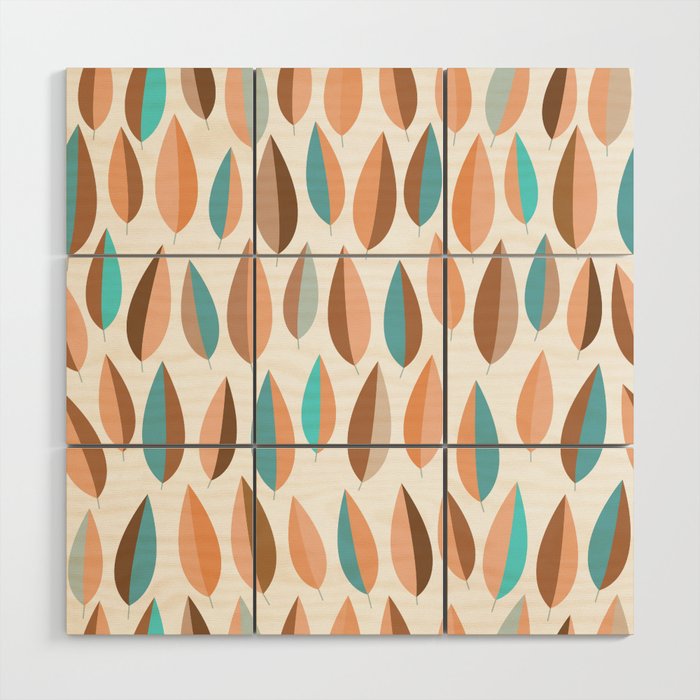 Mid Mod Dancing Leaf Pattern in earthy Peach & Jade Wood Wall Art Gallery Image 1