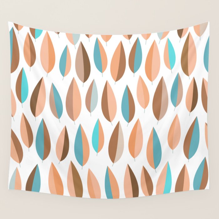Mid Mod Dancing Leaf Pattern in earthy Peach & Jade Wall Tapestry Gallery Image 4