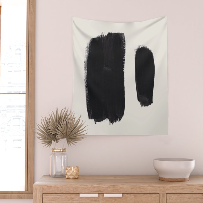 Mid Century Modern Minimalist Abstract Art Brush Strokes Black & White Ink Art Brush Strokes Wall Tapestry Gallery Image 2