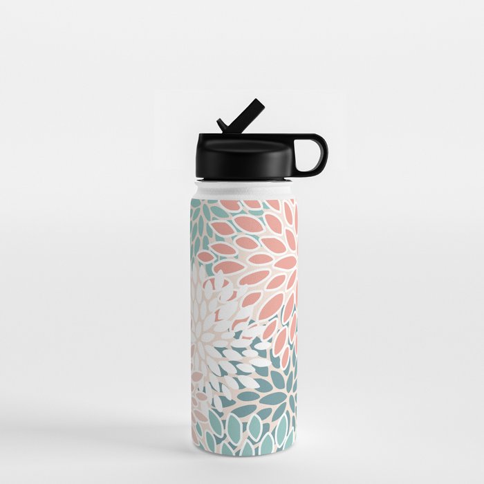 Festive, Floral Prints, Teal, Peach, Coral Water Bottle Gallery Image 1