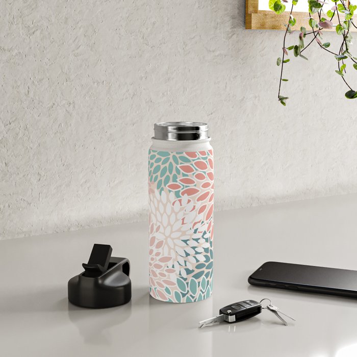 Festive, Floral Prints, Teal, Peach, Coral Water Bottle Gallery Image 4
