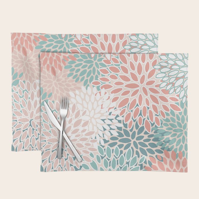 Festive, Floral Prints, Teal, Peach, Coral Placemat Gallery Image 1